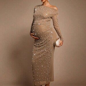 Khaki Elegant Party Maternity Sequin Asymmetric Dress